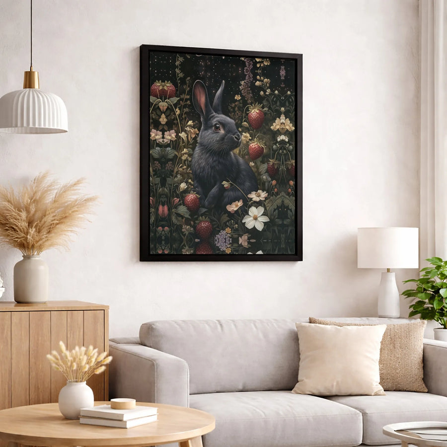 Black Rabbit Canvas Wall Art | Whimsical Strawberry Garden Night Scene | Premium Gallery Wrap Print | Cottagecore Home Decor Gift