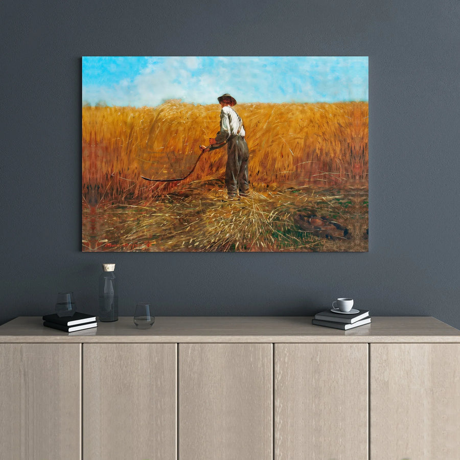 Farmer Harvesting Wheat Canvas Art | Vintage Scythe Field Landscape | Premium Gallery Wrap 1.25" Frame | Rustic Farmhouse Wall Decor