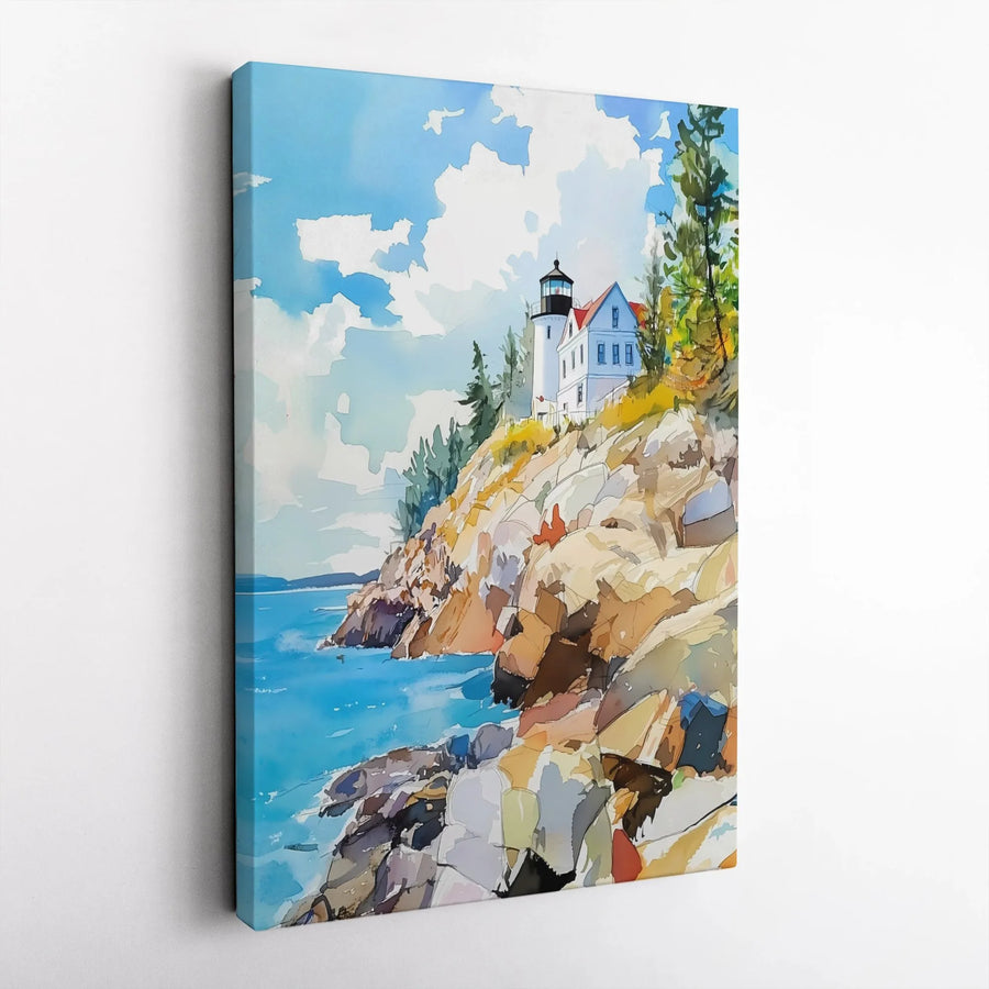 Lighthouse Canvas Wall Art | Coastal Watercolor Painting | Premium Gallery Wrap Print | Nautical Home Decor Gift for Beach Lovers