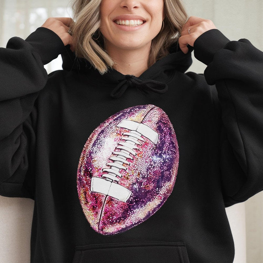 Galaxy Football Hoodie | Pink Glitter Sparkle Sports Graphic | Premium Cotton Blend | Game Day Gift for Football Fans & Moms
