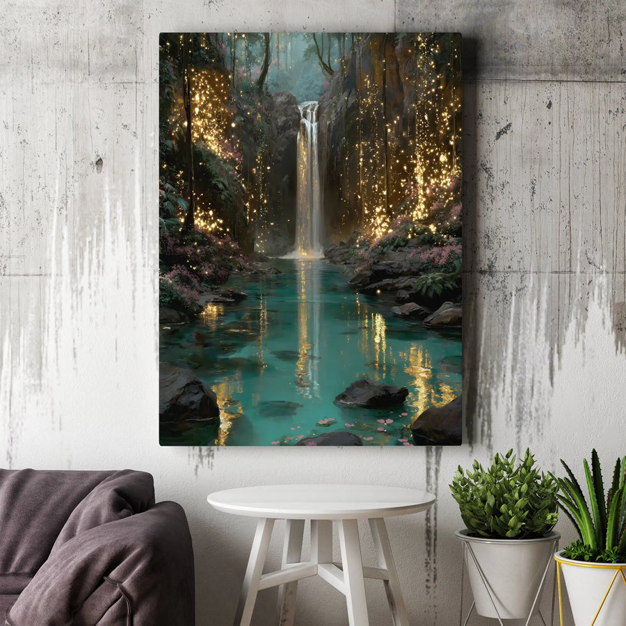 Enchanted Forest Waterfall Canvas Art | Glowing Fairy Light Fantasy Landscape | Premium 1.25-Inch Gallery Wrap | Whimsical Nature Home Decor Gift