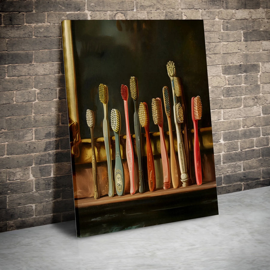 Vintage Toothbrush Still Life Canvas Print | Moody Oil Painting Wall Art | Gallery Quality Decor | Unique Bathroom Gift for Dentist or Home