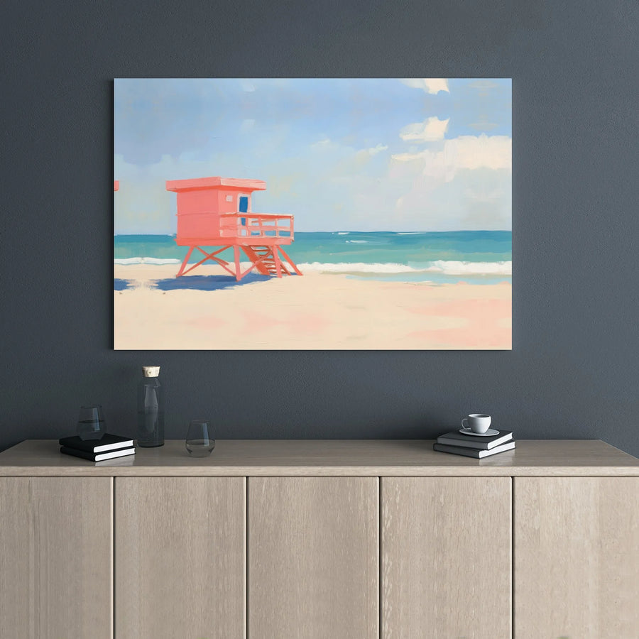 Pink Lifeguard Tower Wall Art | Painterly Beach Landscape Canvas | Premium 1.25" Gallery Wrap | Coastal Decor Gift for Beach Lovers