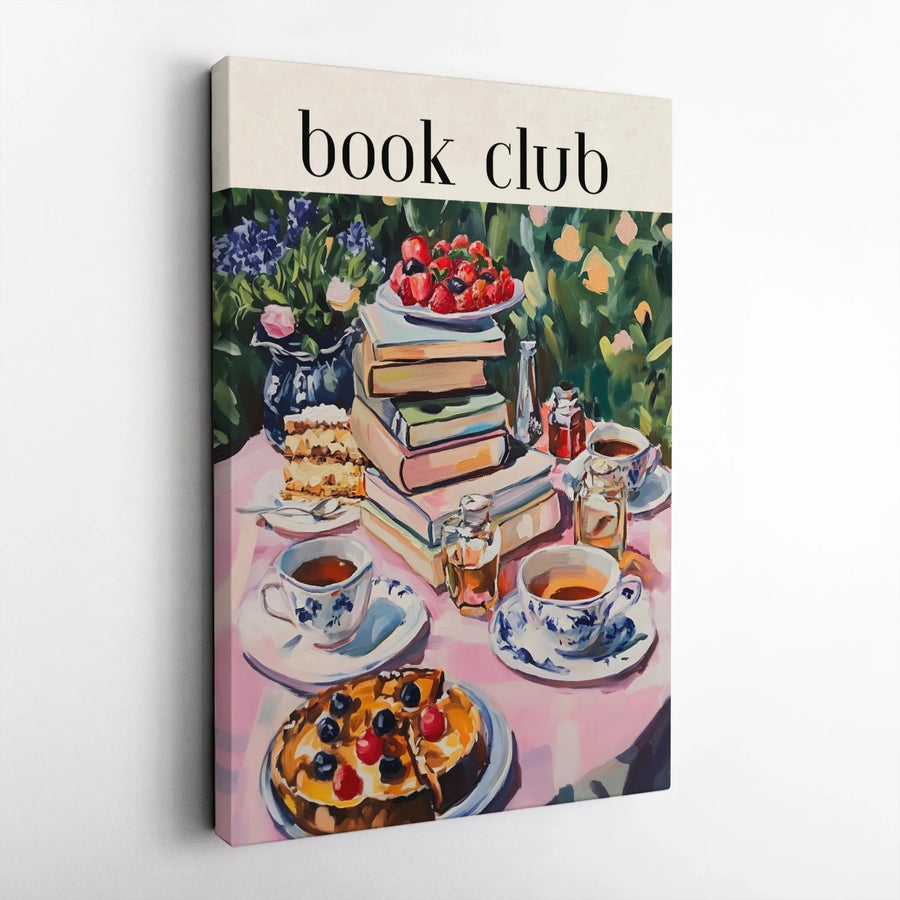 Book Club Canvas Wall Art | Impressionist Tea Party with Books and Cake | Premium Gallery-Wrapped Print | Aesthetic Decor Gift for Readers