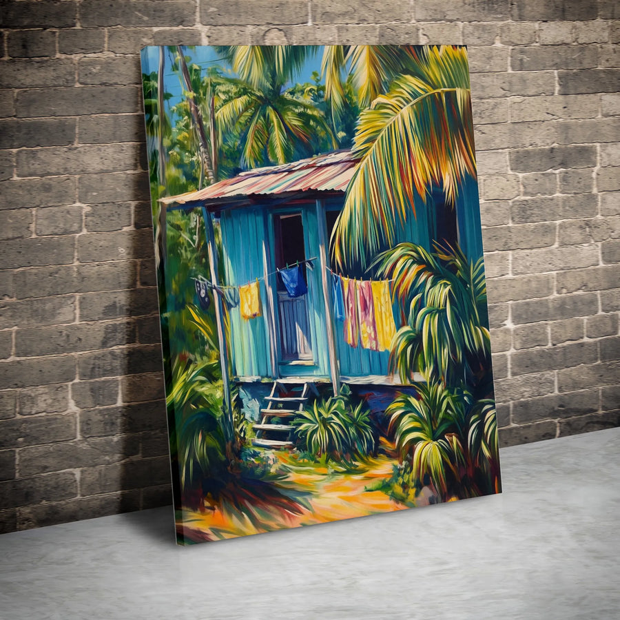 Tropical Beach House Canvas Wall Art | Vibrant Island Painting Print | Premium Gallery Wrap Canvas | Coastal Home Decor Gift