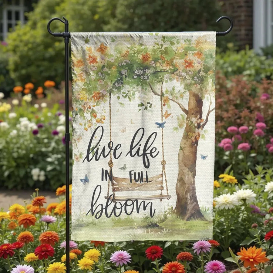 Live Life in Full Bloom Garden Flag | Watercolor Floral Tree with Swing | Premium Double Sided Polyester | Spring Patio & Housewarming Gift