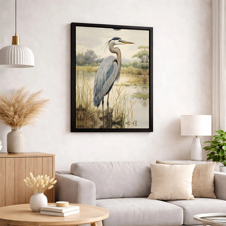 Great Blue Heron Canvas Wall Art | Marshland Bird Watercolor Print | Premium Gallery-Wrapped Decor | Nature Lover Gift for Home and Office