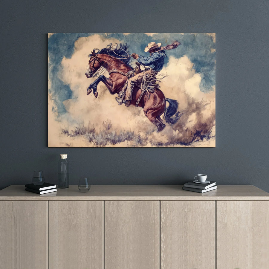 Western Cowboy Painting Canvas | Bucking Bronco Rodeo Art | Premium Gallery Wrapped Wall Decor | Rustic Farmhouse Gift for Him