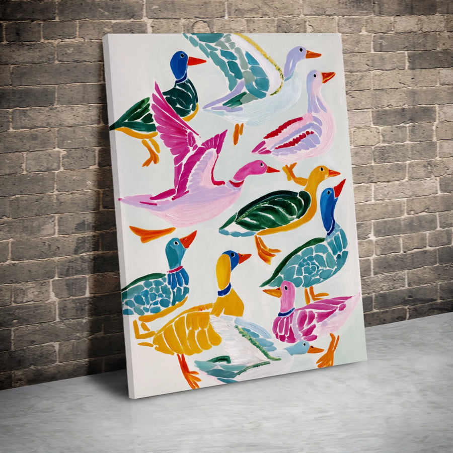Colorful Duck Flock Canvas Wall Art | Stylized Impressionist Bird Print | 1.25-Inch Gallery Wrap | Premium Decor for Farmhouse or Modern Home