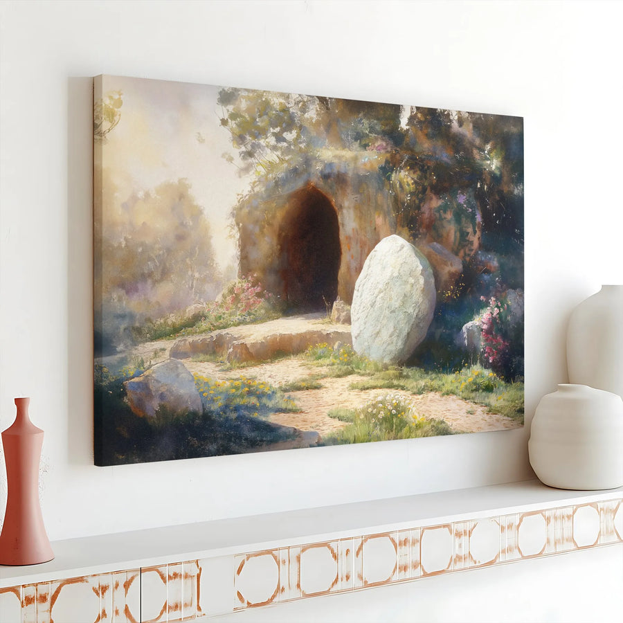 Empty Tomb Canvas Wall Art | Watercolor Easter Morning Scene | Premium Stretched Canvas | Inspirational Christian Gift