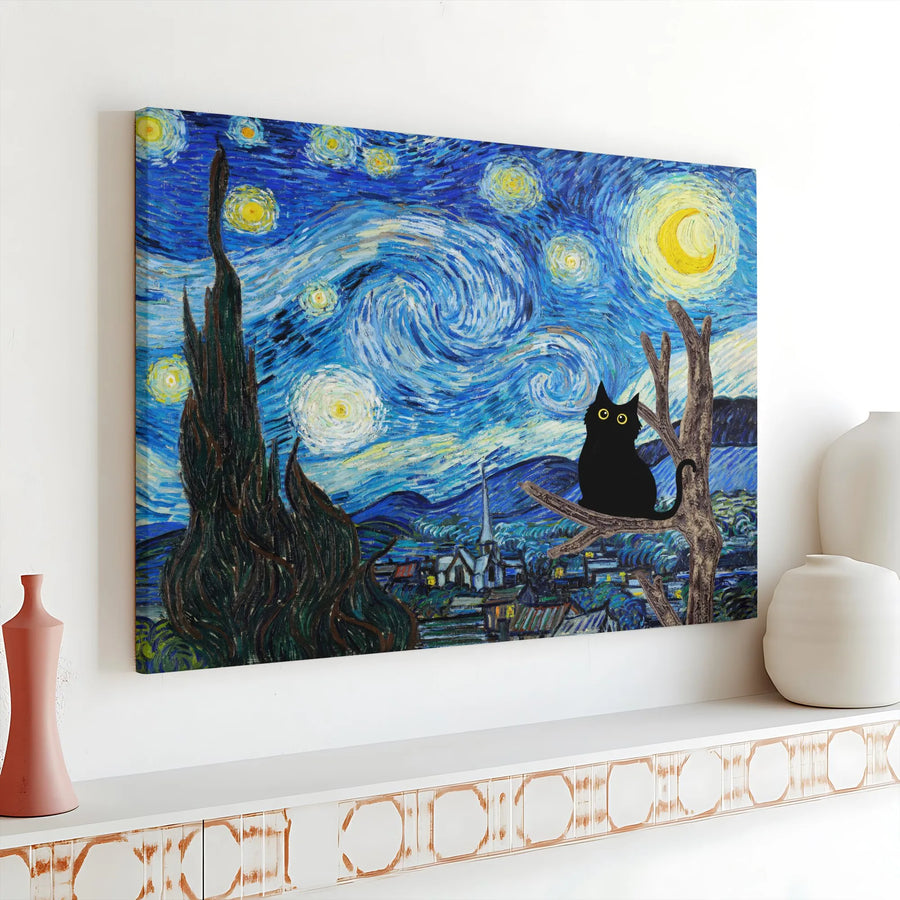 Black Cat Wall Art | Starry Night Impressionist Canvas Print | Premium Gallery Wrap 1.25" Frame | Whimsical Home Decor Gift for Cat Lovers
