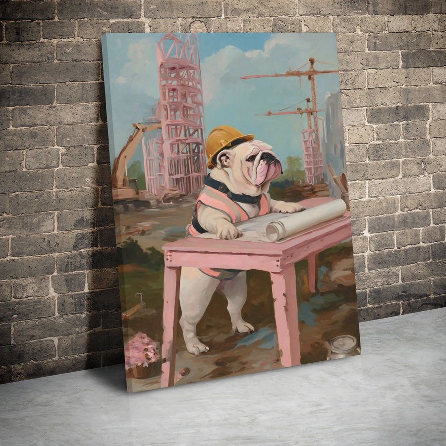English Bulldog Construction Worker Canvas | Funny Architect Dog Wall Art | Premium 1.25" Gallery Wrap | Unique Gift for Contractor Engineer