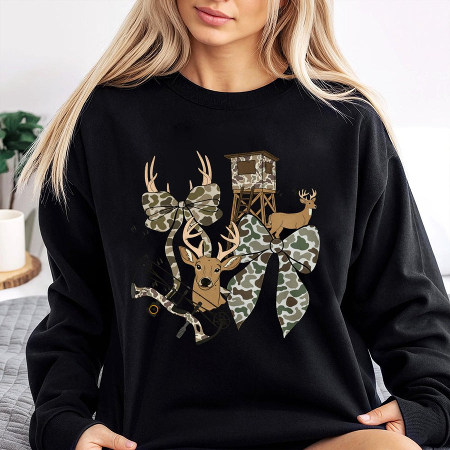 Hunting Season Coquette Sweatshirt | Deer Camo Bow Design | Premium Cotton-Poly Blend | Country Girl Gift For Women And Hunters