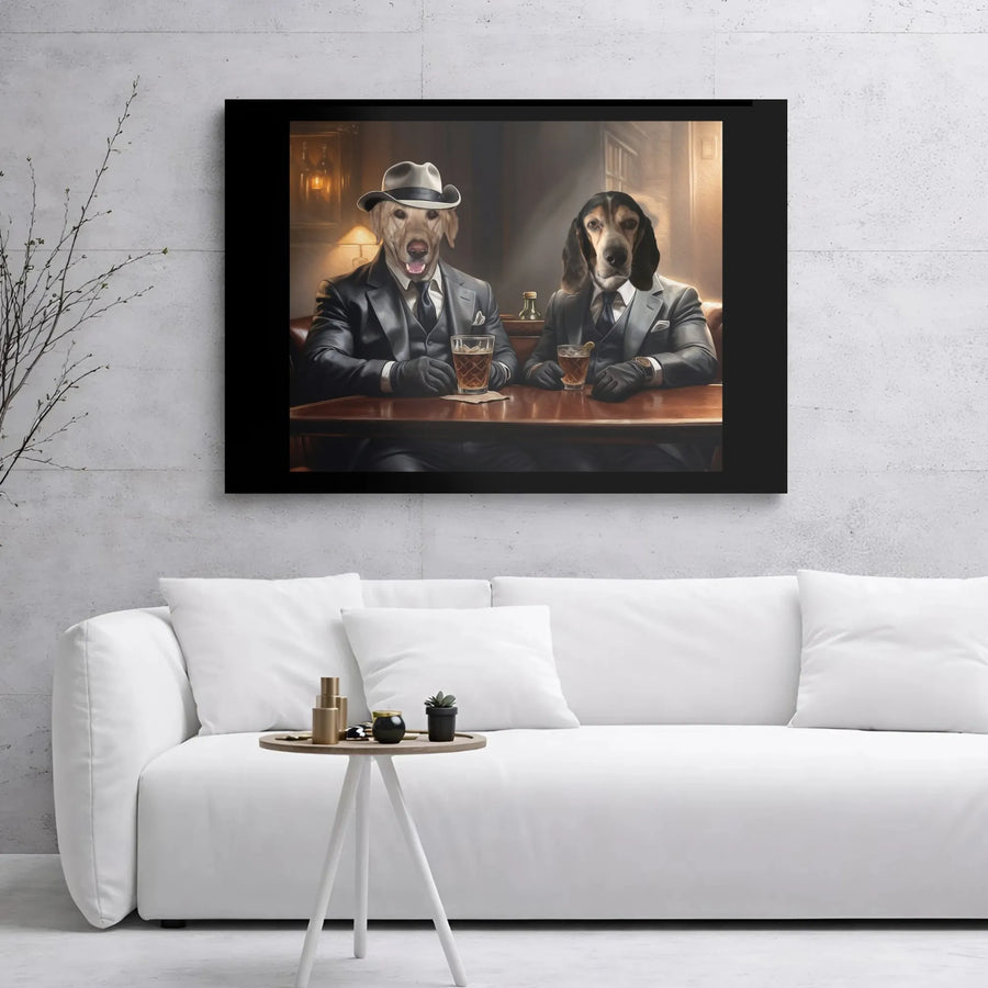 Dogs Drinking Whiskey Canvas Print | Sophisticated Mafia Style Art | Premium 1.25-Inch Gallery Wrap | Funny Man Cave & Home Bar Wall Decor Gift