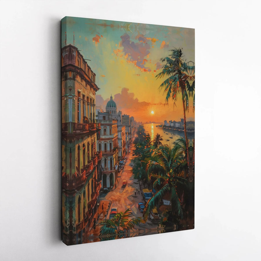 Havana Cuba Canvas Wall Art | Vintage Cuban Cityscape Painting | Premium Gallery-Quality Print | Caribbean Travel Home Decor Gift