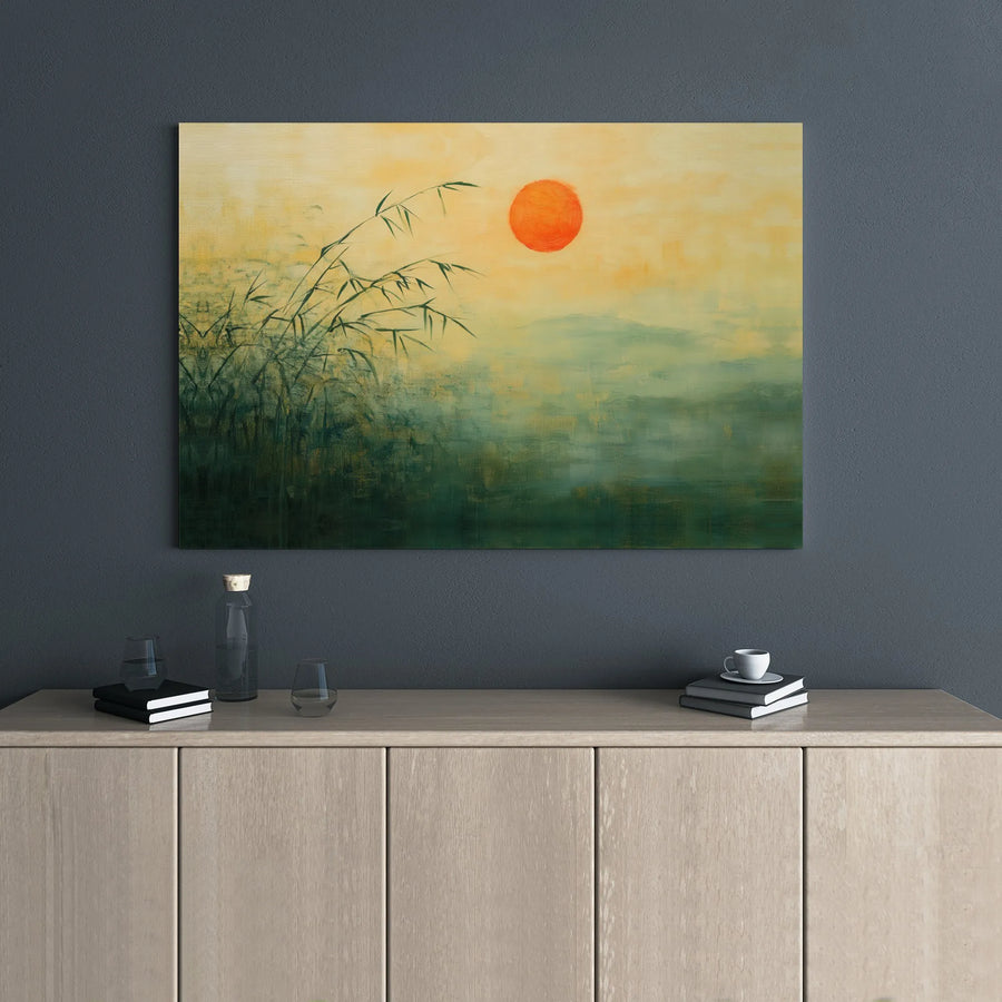 Japanese Bamboo Canvas Art | Red Sun Misty Mountain Landscape | Premium Gallery Wrapped Decor | Zen Wall Art for Home or Office