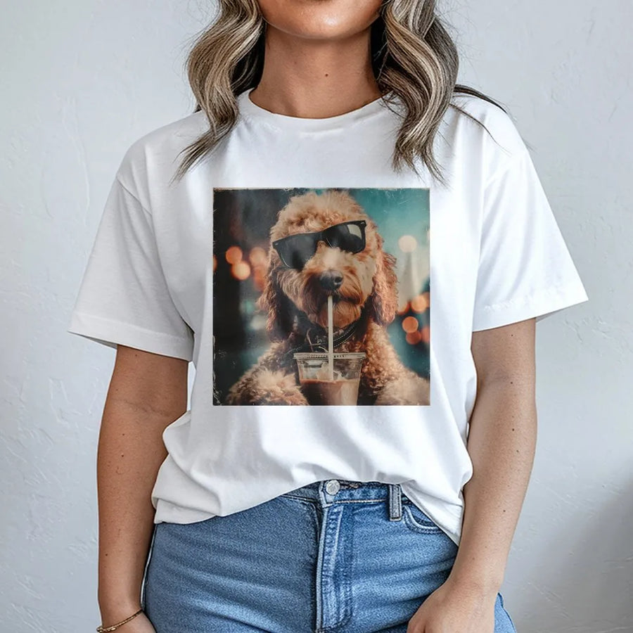 Goldendoodle Iced Coffee T-Shirt | Retro Dog Meme Graphic | Premium Cotton Blend | Gift for Dog Mom and Coffee Lover