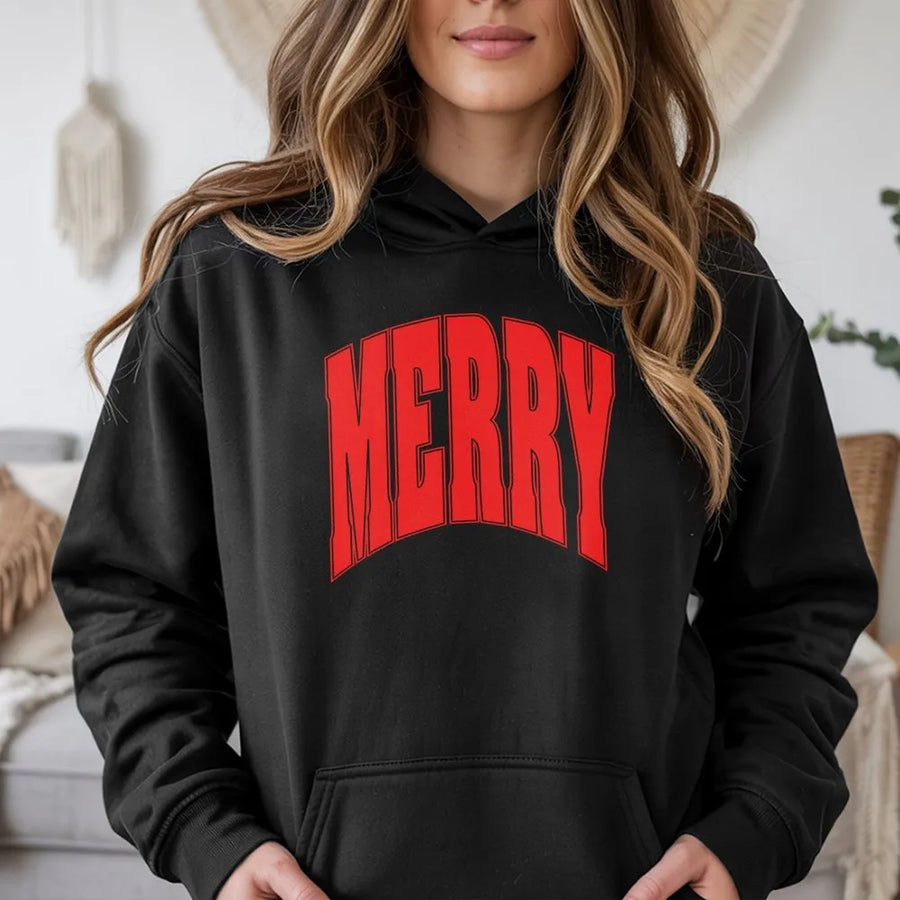 Merry Christmas Hoodie | Bold Varsity Font Graphic | Premium Cotton Blend Sweatshirt | Unisex Holiday Gift for Men and Women