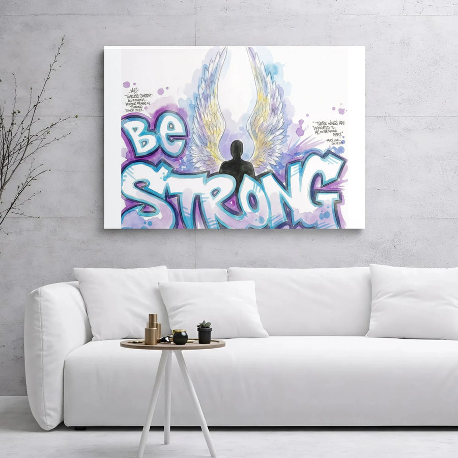 Be Strong Graffiti Canvas Art | Angel Wings Inspirational Wall Decor | Premium Gallery Wrap Print | Motivational Gift for Gym and Office