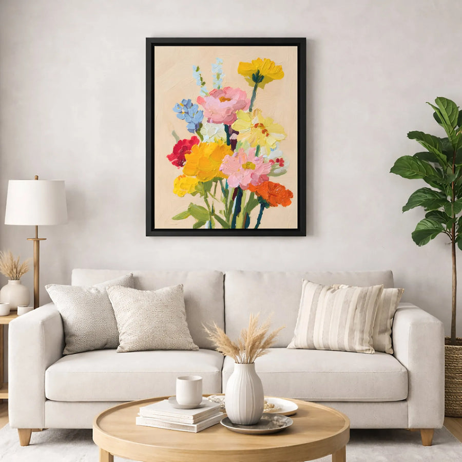 Floral Bouquet Canvas Print | Impasto Oil Painting Style Wall Art | Premium Thick Gallery Wrap | Botanical Home Decor Gift for Her