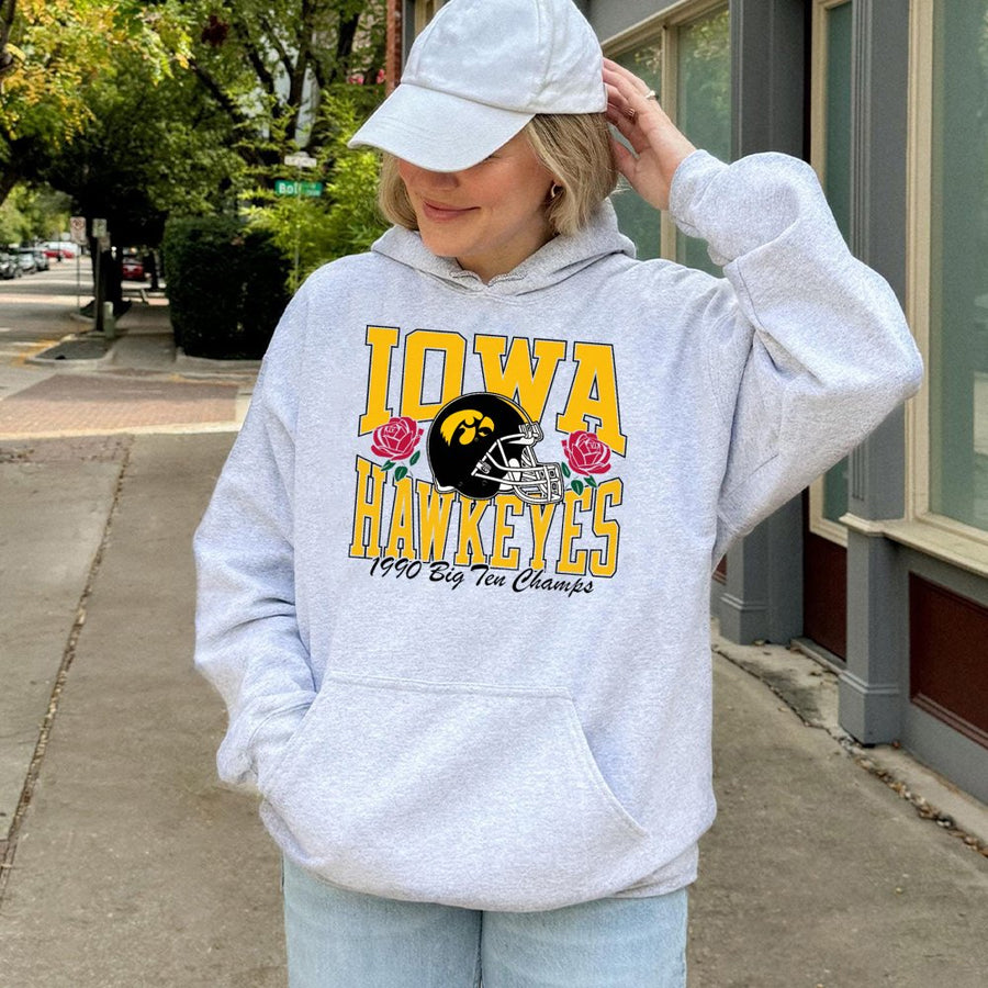 Iowa Football 1990 Big Ten Champs Hoodie Vintage College Sports Hoodie Retro Team Graphic Game Day Style Soft Cotton
