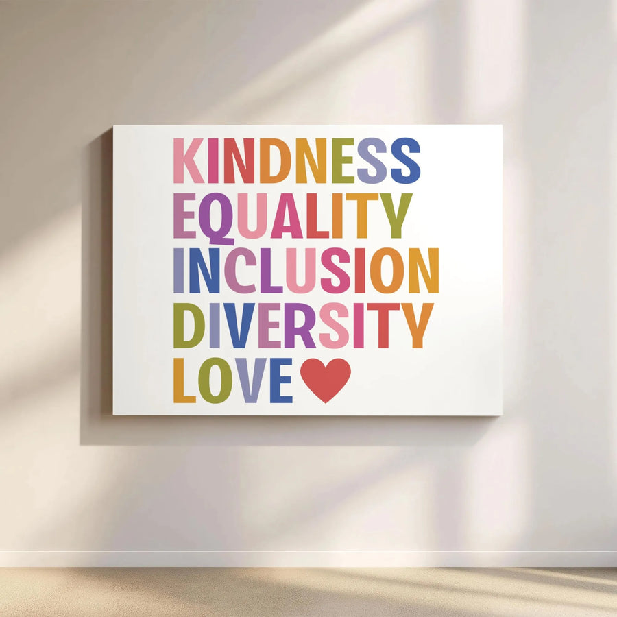 Kindness Equality Inclusion Diversity Love Canvas Wall Art | Colorful Motivational Quote Print | Premium 1.25" Gallery Wrap | Inspirational Office Decor