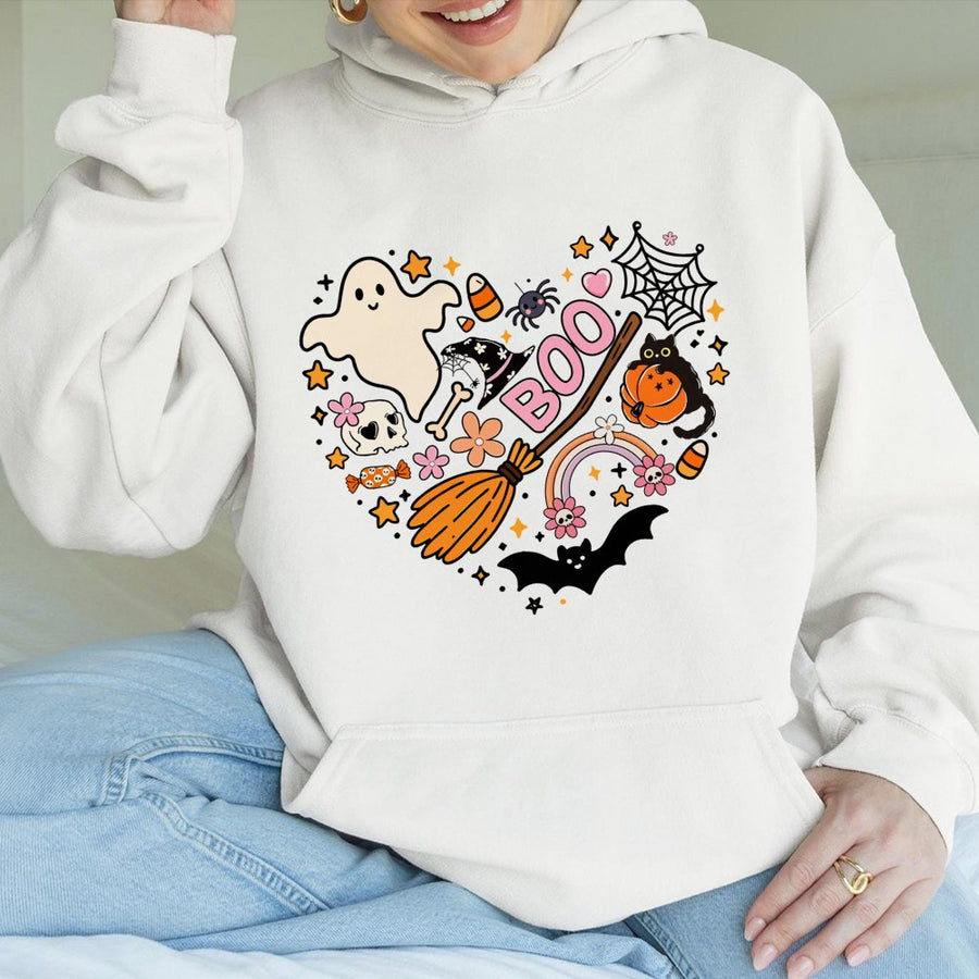 Halloween Heart Hoodie | Retro Boo Ghost Pumpkin Witch Hat Graphic | Premium Cotton Blend | Spooky Season Gift for Women & Men