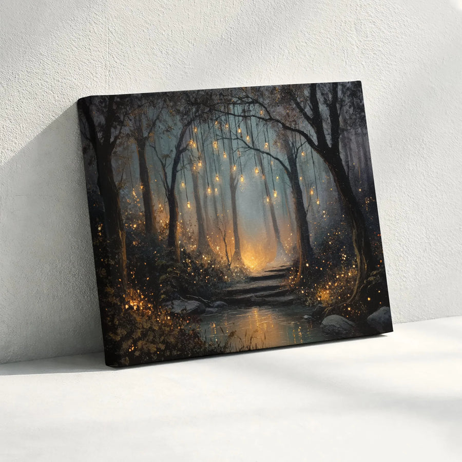 Enchanted Forest Canvas Wall Art | Mystical Woods with Glowing Lanterns | Premium Gallery Wrapped Canvas | Whimsical Home Decor Gift