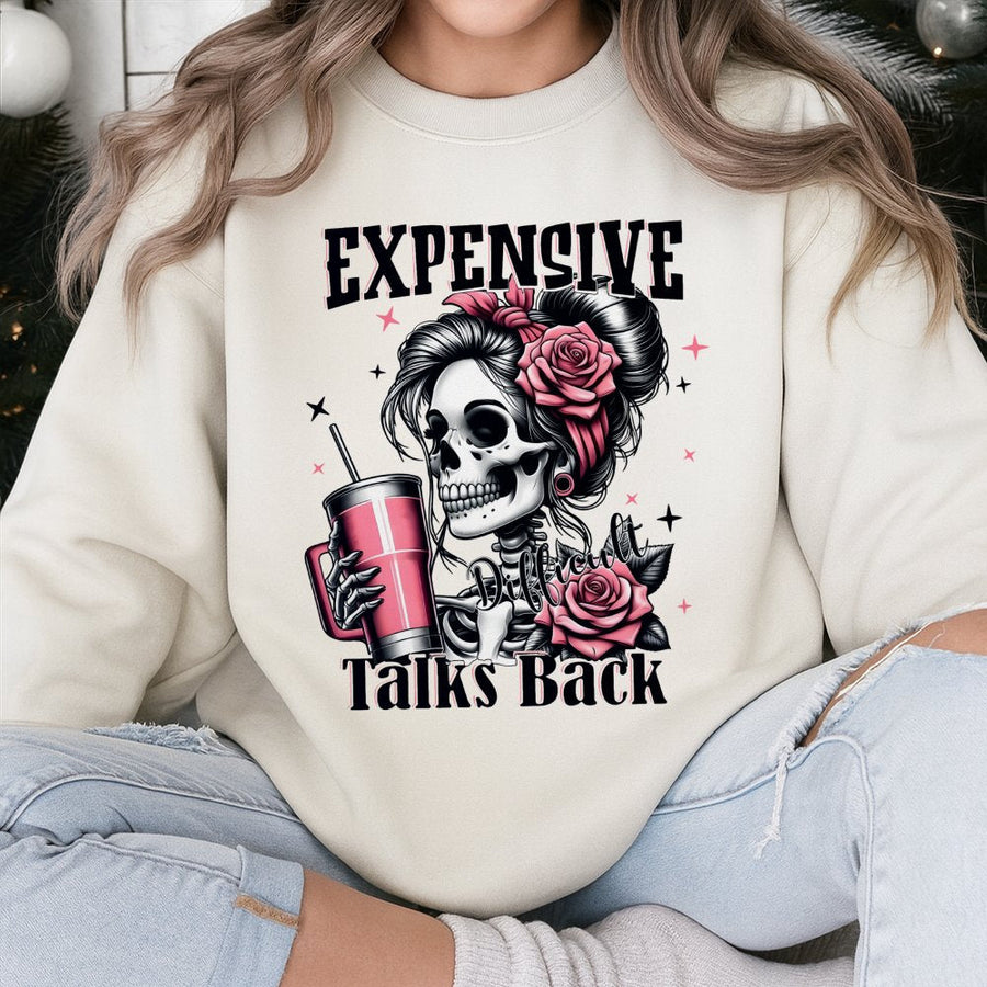 Expensive Talks Back Sweatshirt | Sassy Skull Rose Graphic Design | Soft Cotton Blend Unisex Pullover | Trendy Baddie Aesthetic Gift for Her