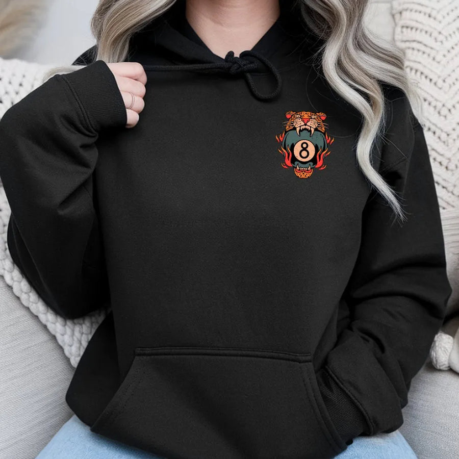 Tiger 8 Ball Hoodie | Vintage Traditional Tattoo Style | Soft Unisex Crewneck | Collector's Gift for Pool Player