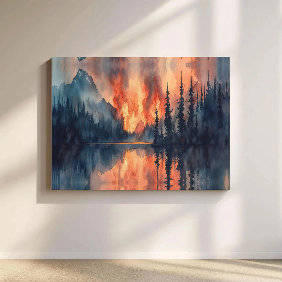 Mountain Forest Fire Canvas Art | Watercolor Lake Reflection Landscape | Premium Gallery-Wrapped Wall Decor | Nature-Inspired Modern Office Gift