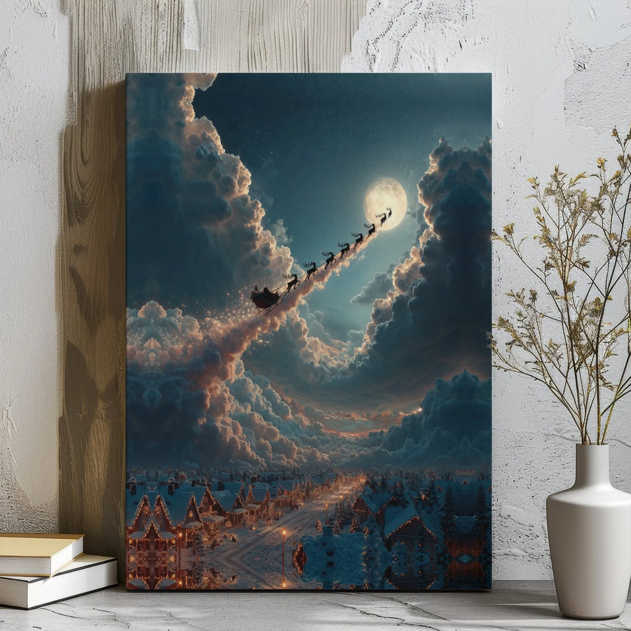 Christmas Wall Art Canvas | Santa Sleigh Flying Over Snow Village | Premium Gallery Wrap Decor | Holiday Living Room Gift