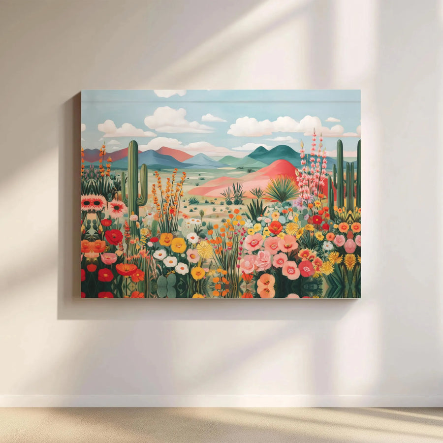 Desert Wildflower Canvas Wall Art | Colorful Botanical Saguaro Cactus Painting | Premium Thick Gallery Wrap | Boho Living Room Decor Gift