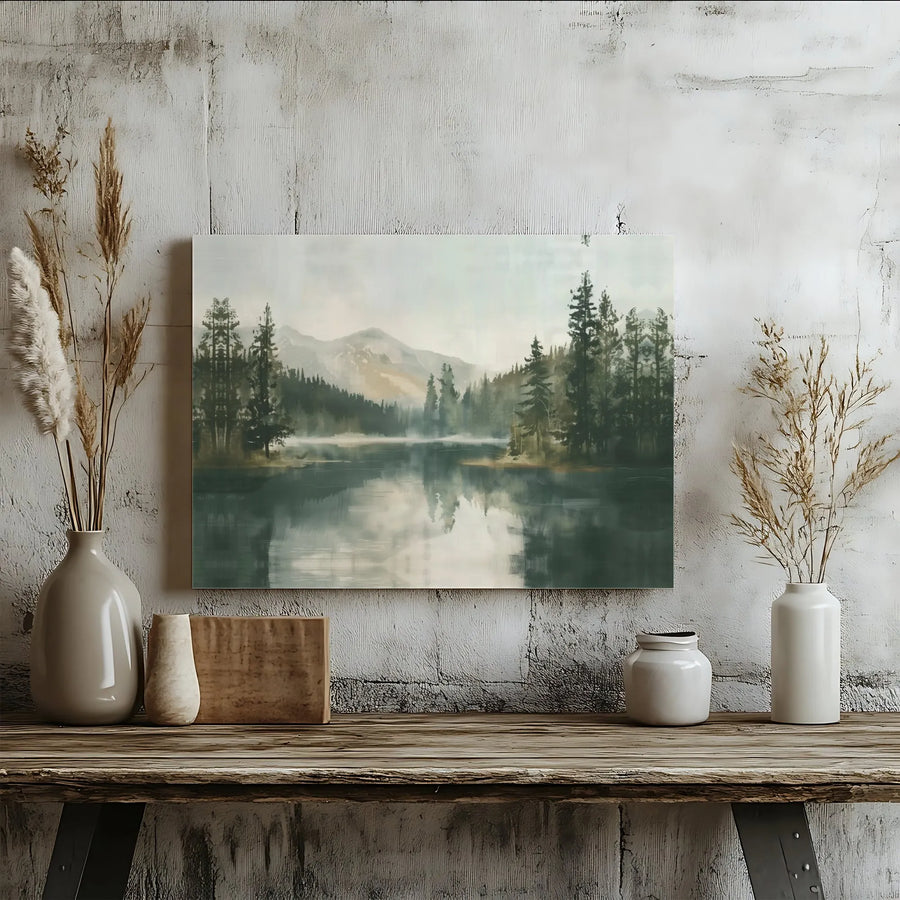 Misty Mountain Lake Canvas Art | Pine Forest Nature Landscape | Premium Gallery Wrapped Wall Decor | Serene Home Office Gift