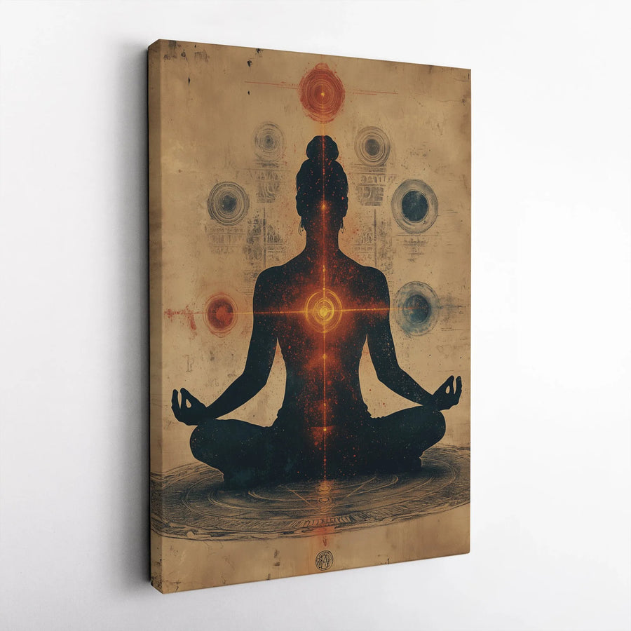 Spiritual Meditation Canvas Wall Art | Glowing Chakra Silhouette Design | Premium Fade-Resistant Gallery Wrap | Yoga Studio & Home Decor Gift
