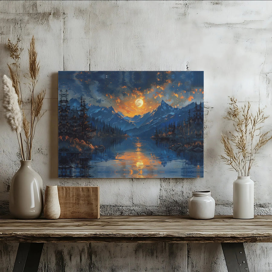 Mountain Lake Wall Art | Moody Night Landscape With Full Moon | Gallery Wrap Canvas | Nature Inspired Home Decor Gift