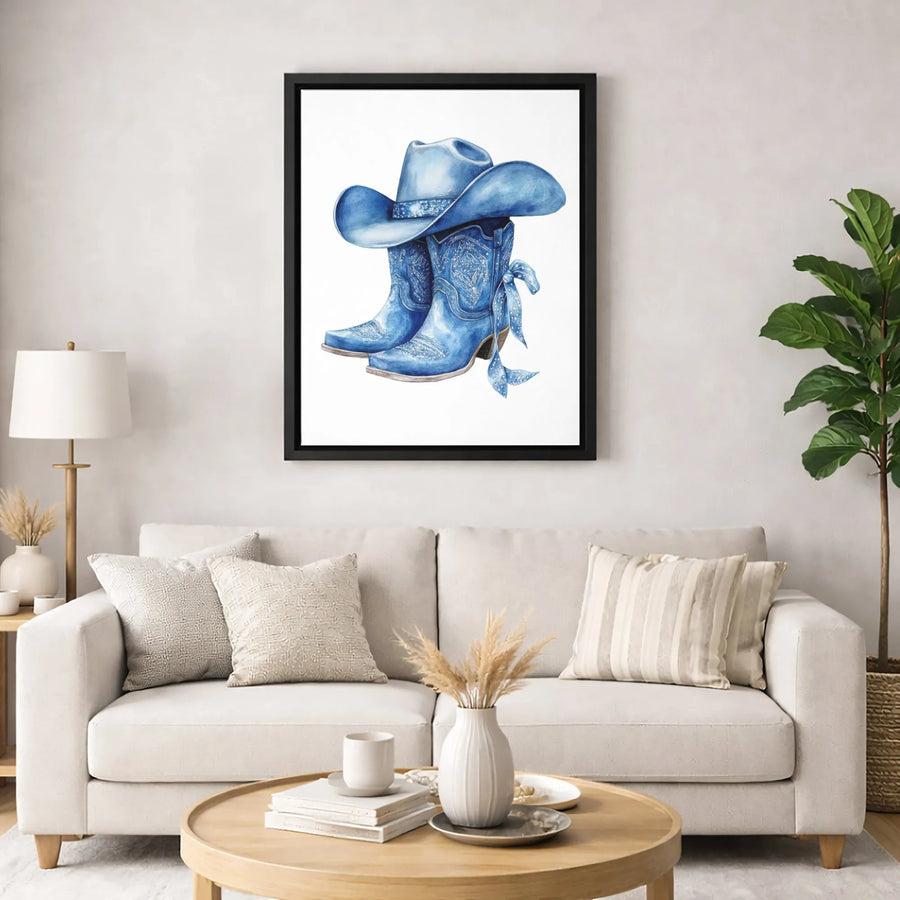 Blue Cowboy Boots Canvas Art | Watercolor Western Hat Wall Decor | Premium 1.25-Inch Gallery Wrap | Southwestern Home Office Gift
