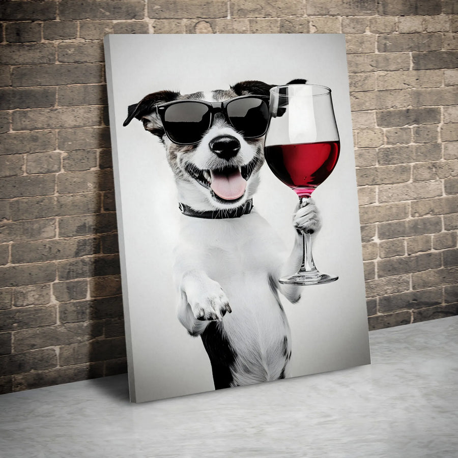 Funny Jack Russell Terrier Canvas | Dog Drinking Red Wine with Sunglasses | Premium 1.25 Inch Gallery Wrap | Unique Pet Lover Wall Art Gift