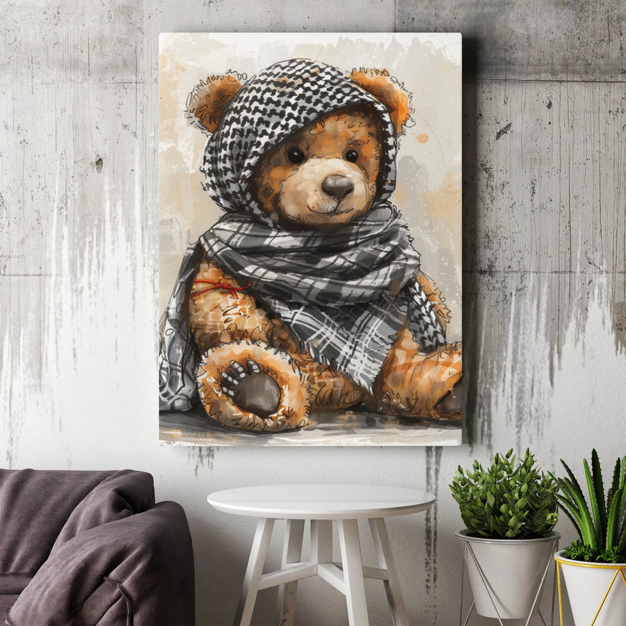 Teddy Bear Wall Art | Artistic Keffiyeh Scarf Illustration | Premium Canvas Print | Cultural Home Decor Gift for Nursery or Living Room