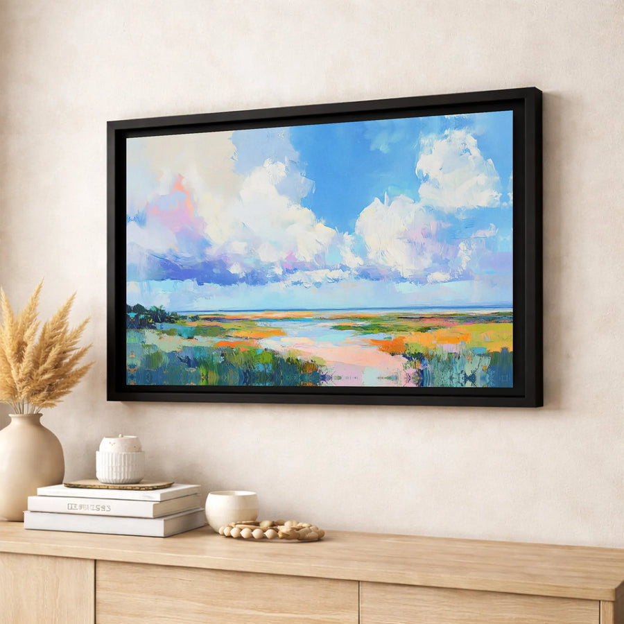 Abstract Coastal Marsh Landscape Canvas | Impressionist Blue Sky Wall Art | 1.25-Inch Gallery Wrap | Modern Home Decor Statement Gift