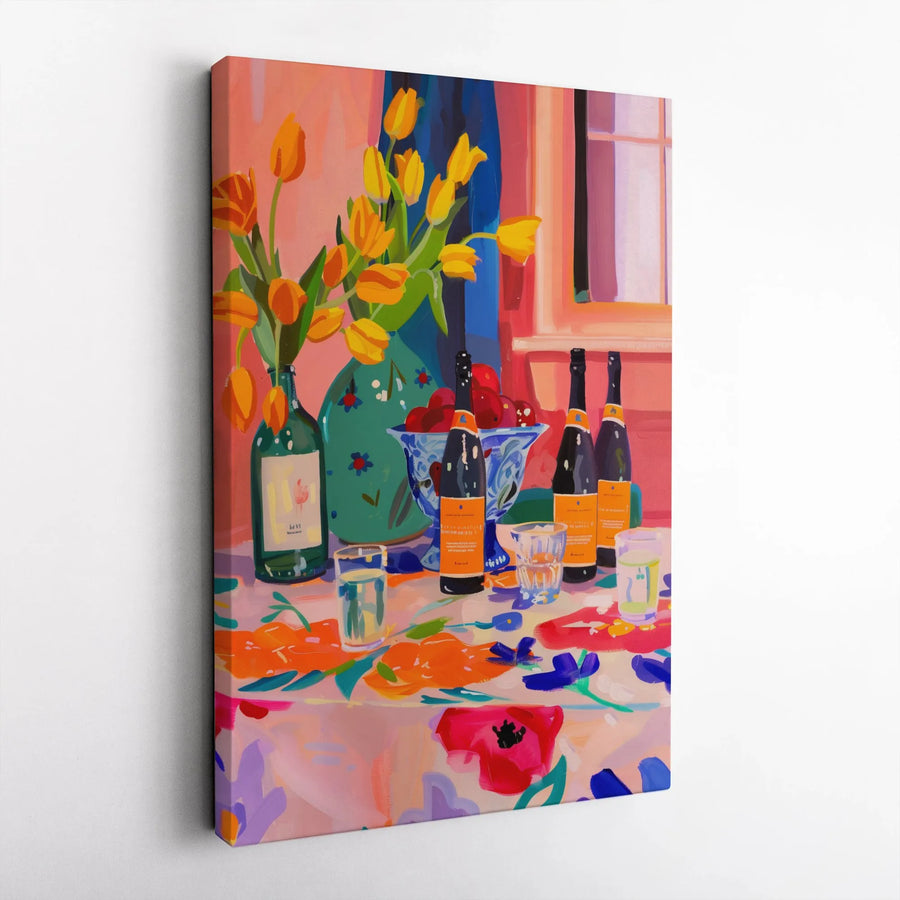 Floral Still Life Canvas Print | Vibrant Yellow Tulips And Wine Tabletop Art | Premium Gallery-Wrapped 1.25" Profile | Modern Kitchen And Dining Home Decor