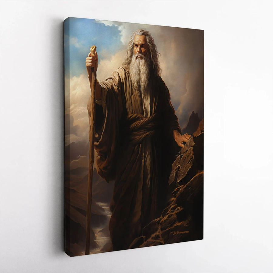 Moses Wall Art Canvas | Biblical Prophet on Mountaintop Religious Painting | Premium Gallery Wrap Decor | Inspirational Gift for Home or Office