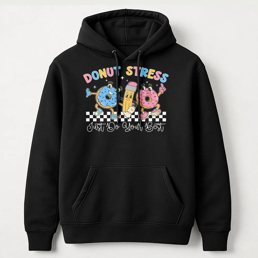 Donut Stress Teacher Hoodie | Funny Retro Testing Day Graphic | Cozy Unisex Pullover | State Exam Motivation Gift for Teachers