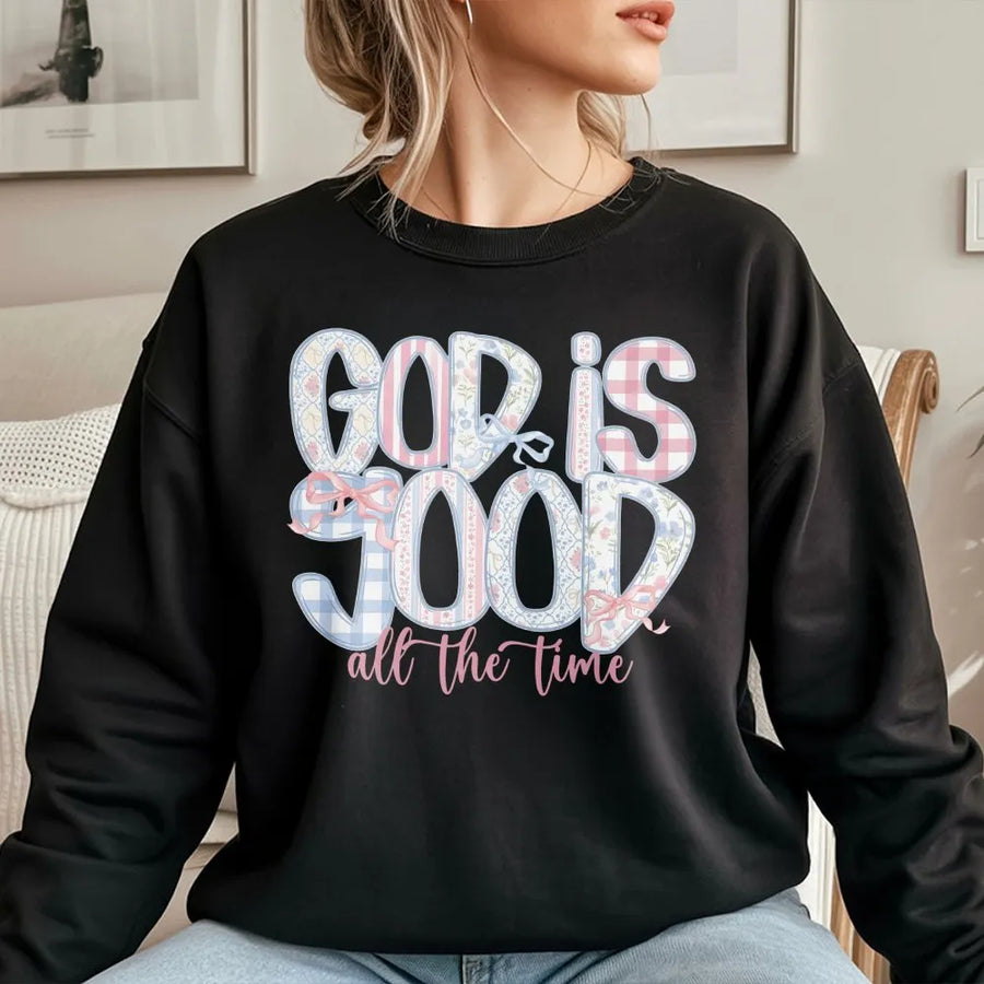 Faith Based Sweatshirt | God Is Good Pastel Gingham & Floral Graphic | Soft Cotton Tee | Inspirational Christian Gift for Women