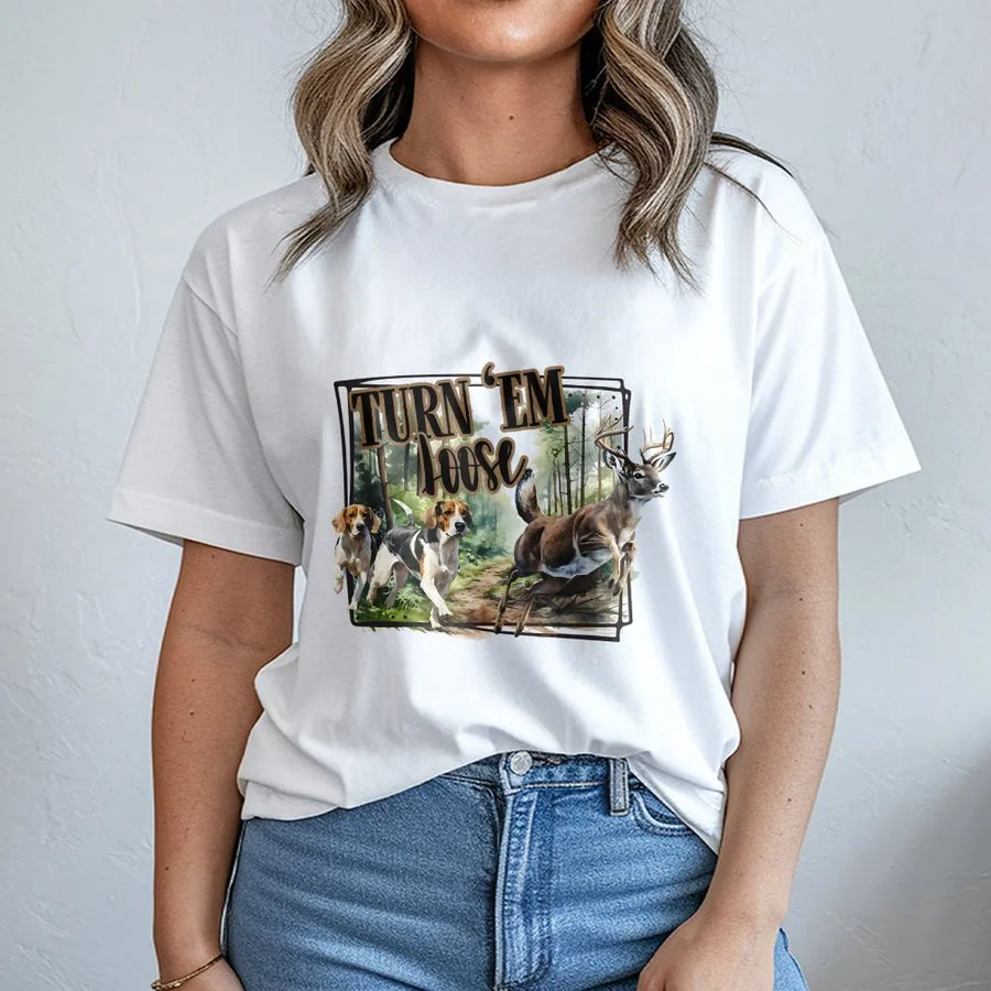 Turn Em Loose Deer Hunting T-Shirt | Beagle Dog and Buck Chase Graphic | Premium Cotton Graphic Tee | Gift for Hunter Outdoor Enthusiast