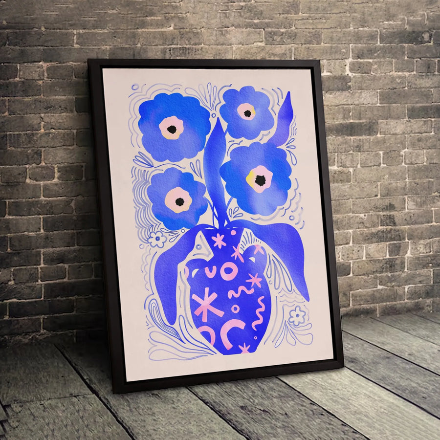Abstract Blue Flower Canvas Print | Modern Floral Vase Wall Art | Premium Gallery-Wrapped Decor | Botanical Aesthetic Gift for Her