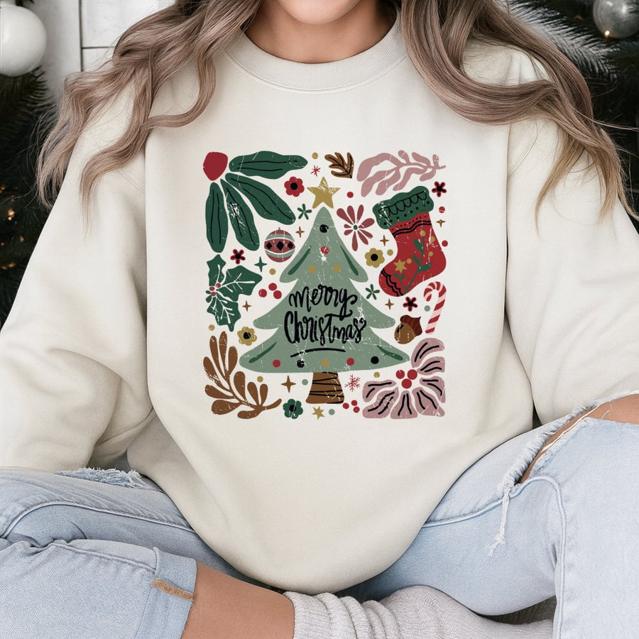 Merry Christmas Floral Sweatshirt | Retro Botanical Holiday Tree Graphic | Premium Cotton Blend | Cozy Festive Gift for Women and Men