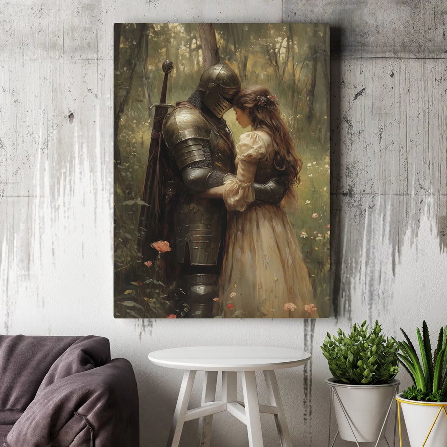 Knight and Maiden Canvas Wall Art | Romantic Medieval Forest Painting | Premium Gallery Wrapped Canvas | Fantasy Lover Gift for Home Decor
