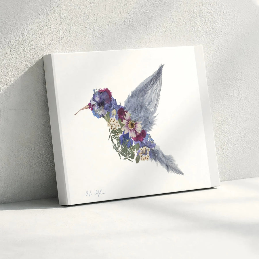 Hummingbird Canvas Wall Art | Pressed Floral Collage Design | Premium 1.25" Thick Gallery Wrap | Collector's Gift for Nature Lover