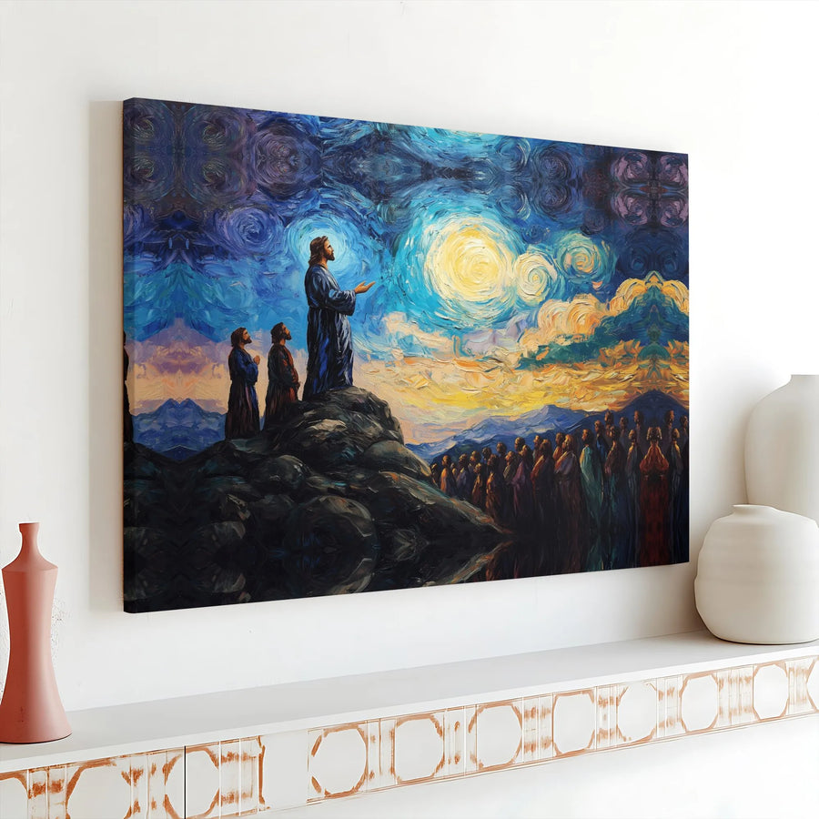Jesus Sermon On The Mount Canvas Art | Van Gogh Starry Night Style Painting | Premium Gallery Wrap | Religious Home Decor Gift